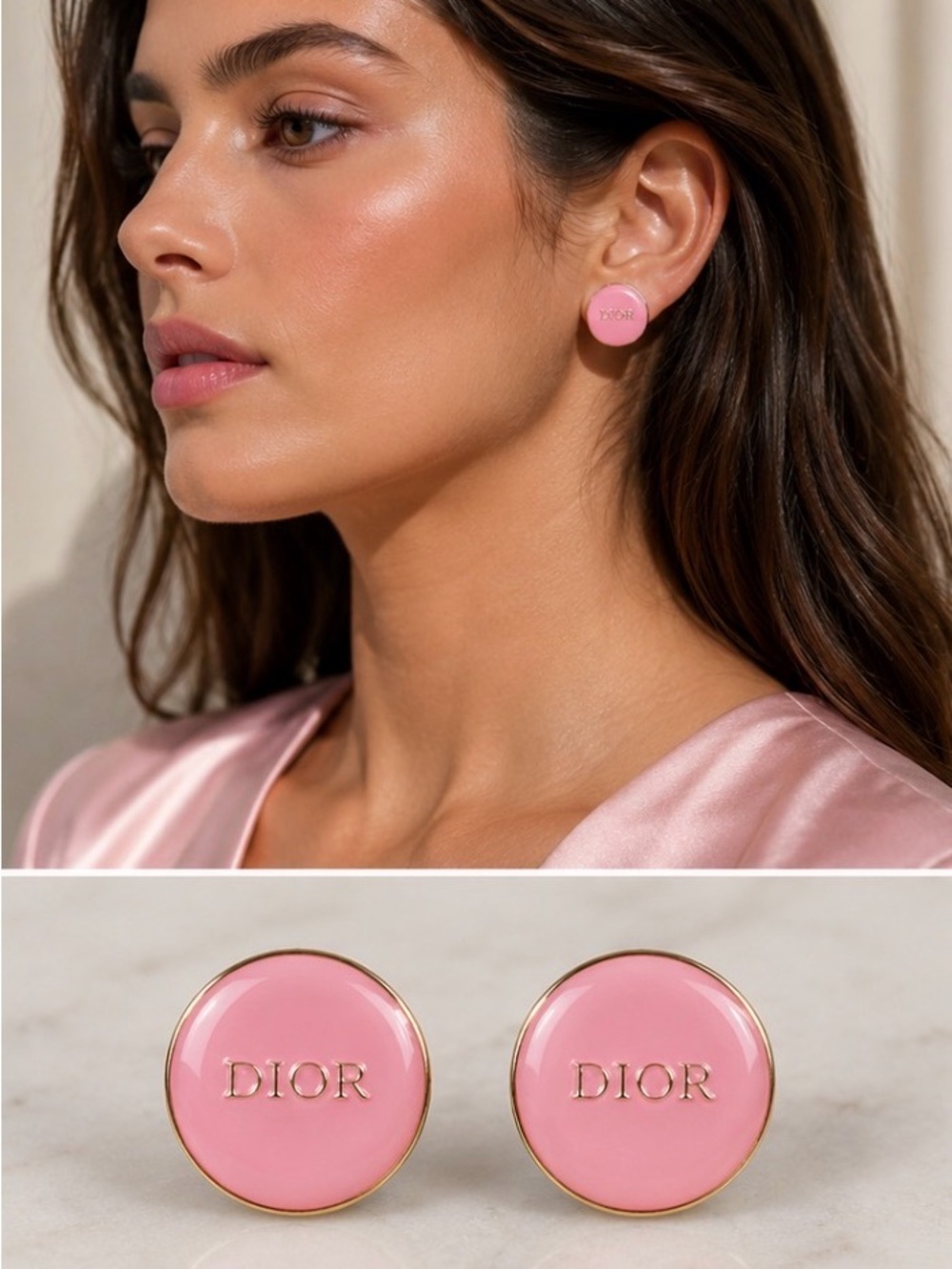 Dior Pink Enamel Round Logo Stud Earrings